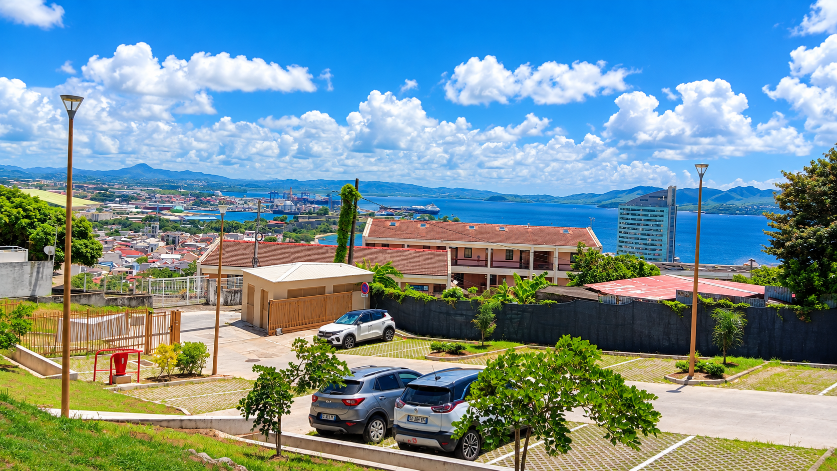 Vue sur la baie de Fort-de-France depuis la résidence et son parking privé